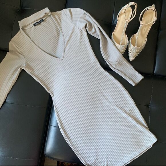 BOHOO GRAY RIBBED MIDI DRESS - Picture 11 of 12